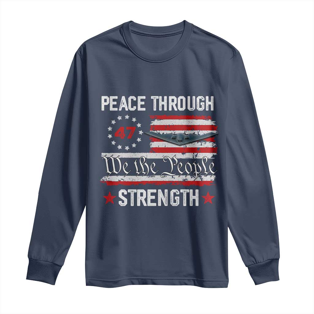 Peace Through Strength Long Sleeve Shirt Patriotic Midnight Hammer Jet American Flag - Wonder Print Shop
