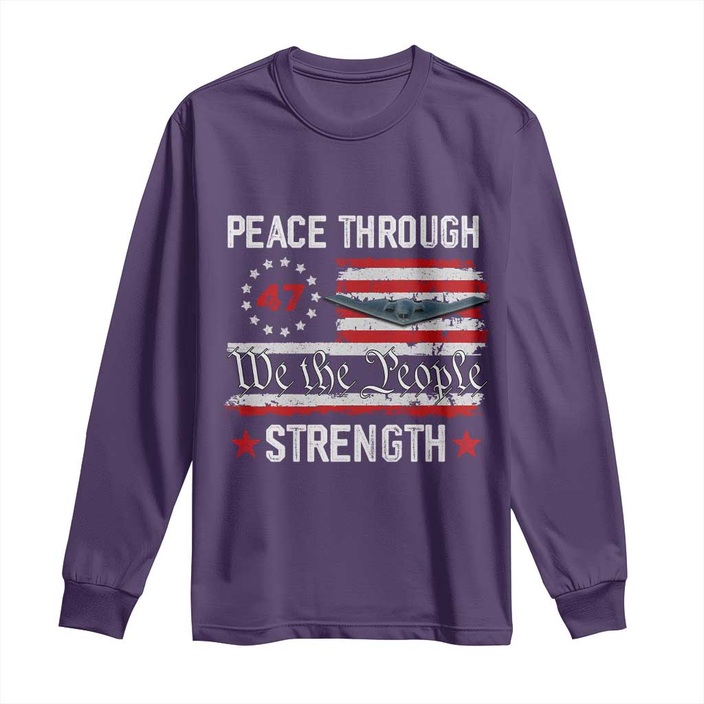 Peace Through Strength Long Sleeve Shirt Patriotic Midnight Hammer Jet American Flag - Wonder Print Shop