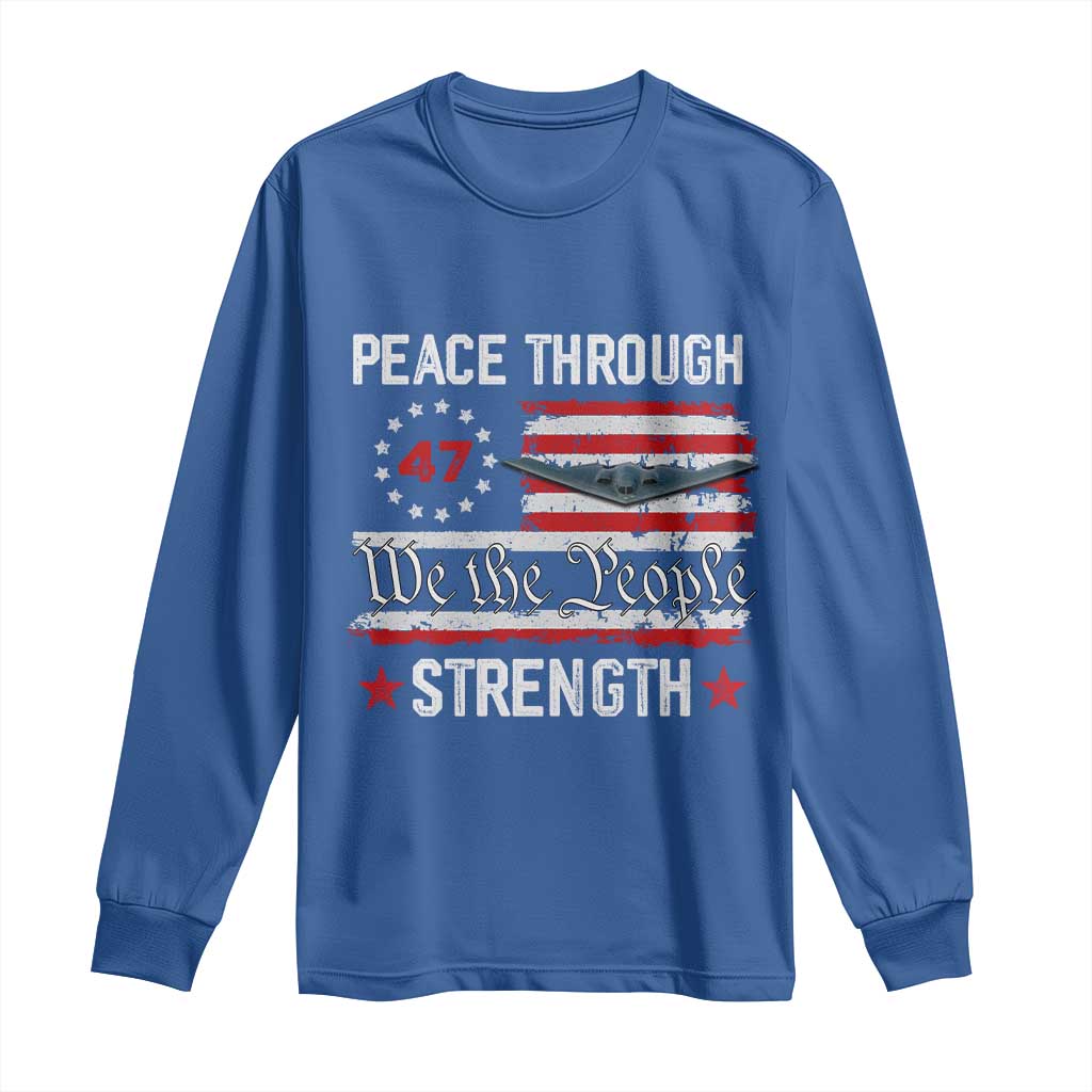 Peace Through Strength Long Sleeve Shirt Patriotic Midnight Hammer Jet American Flag - Wonder Print Shop