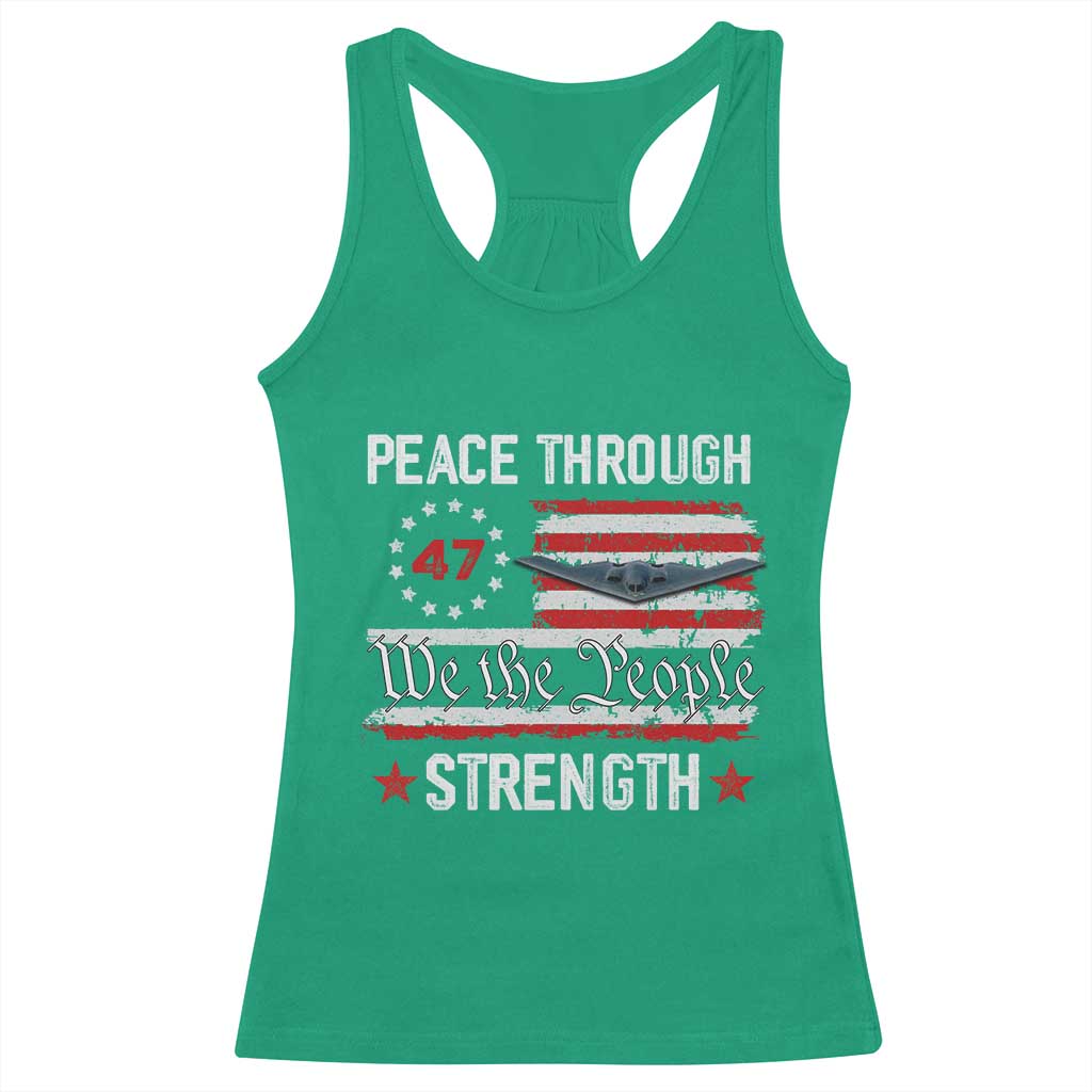 Peace Through Strength Racerback Tank Top Patriotic Midnight Hammer Jet American Flag - Wonder Print Shop