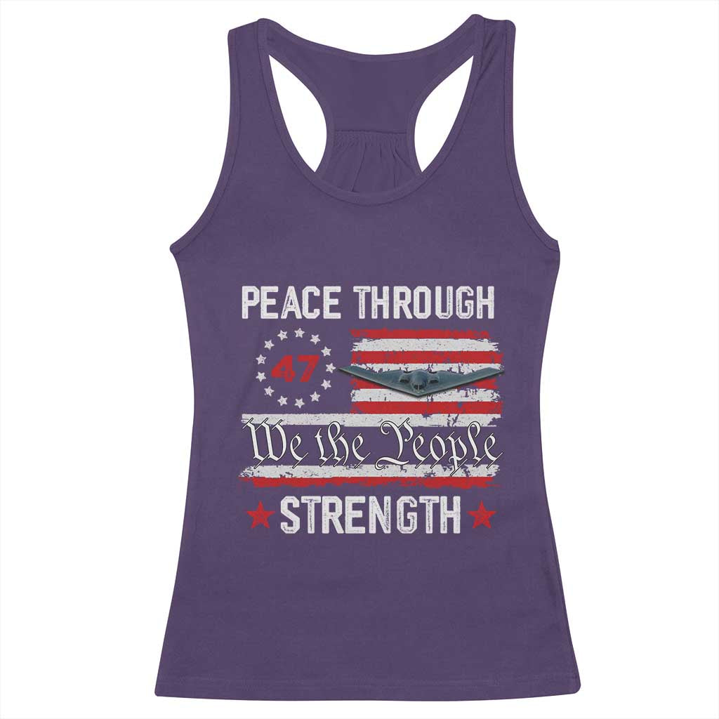Peace Through Strength Racerback Tank Top Patriotic Midnight Hammer Jet American Flag - Wonder Print Shop