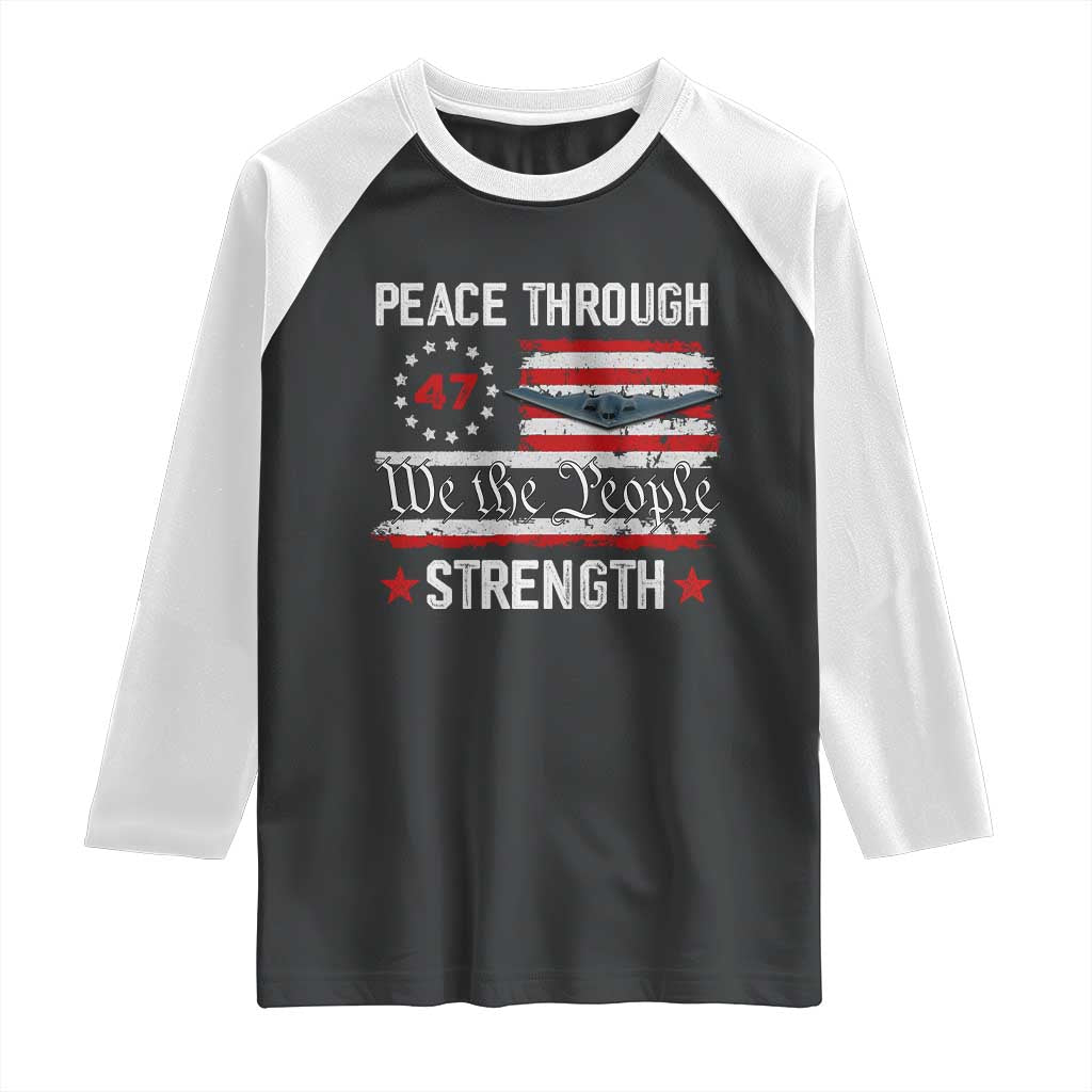 Peace Through Strength Raglan Shirt Patriotic Midnight Hammer Jet American Flag - Wonder Print Shop