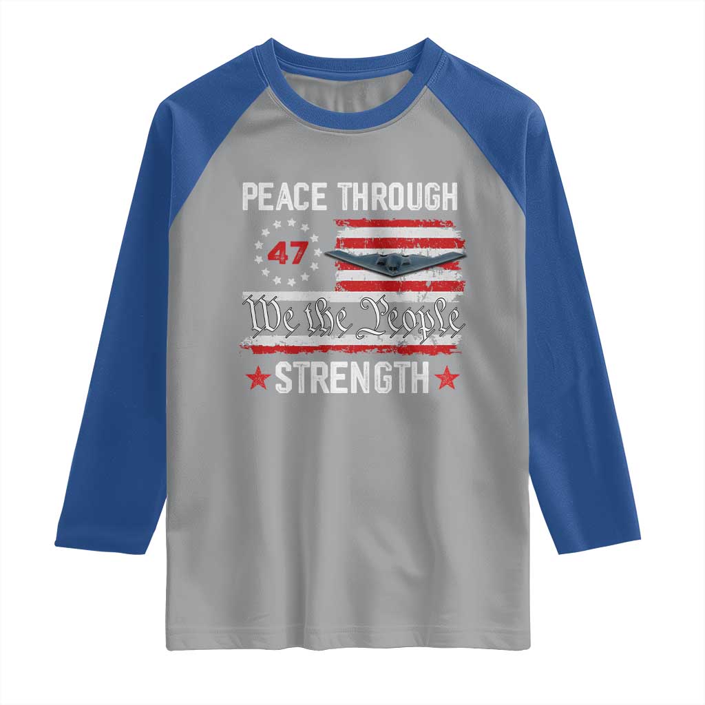 Peace Through Strength Raglan Shirt Patriotic Midnight Hammer Jet American Flag - Wonder Print Shop