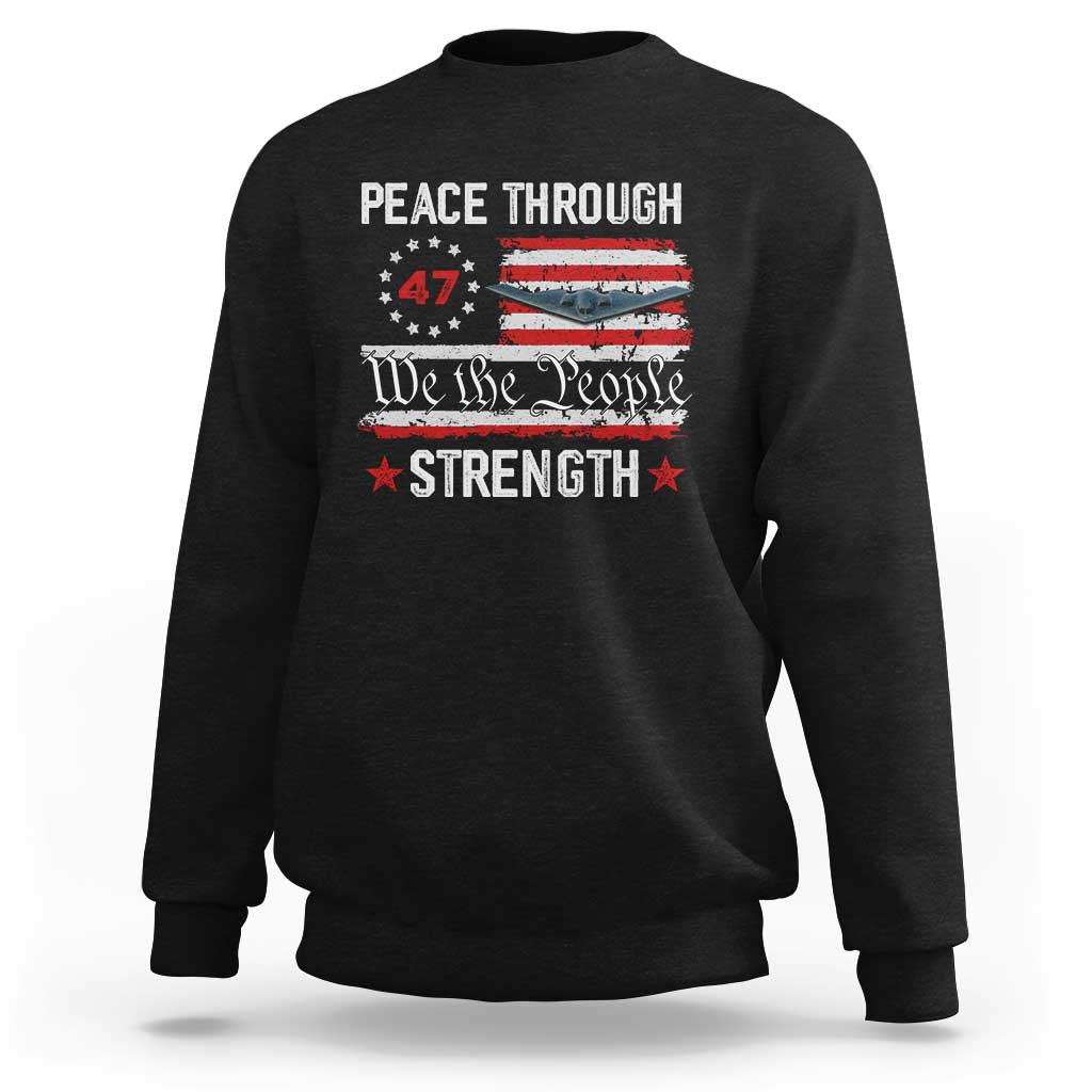 Peace Through Strength Sweatshirt Patriotic Midnight Hammer Jet American Flag - Wonder Print Shop