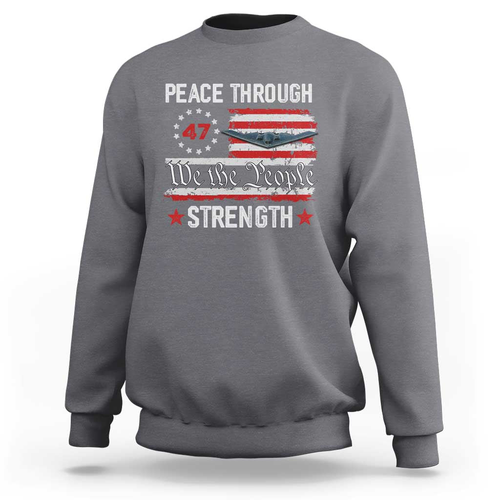 Peace Through Strength Sweatshirt Patriotic Midnight Hammer Jet American Flag - Wonder Print Shop
