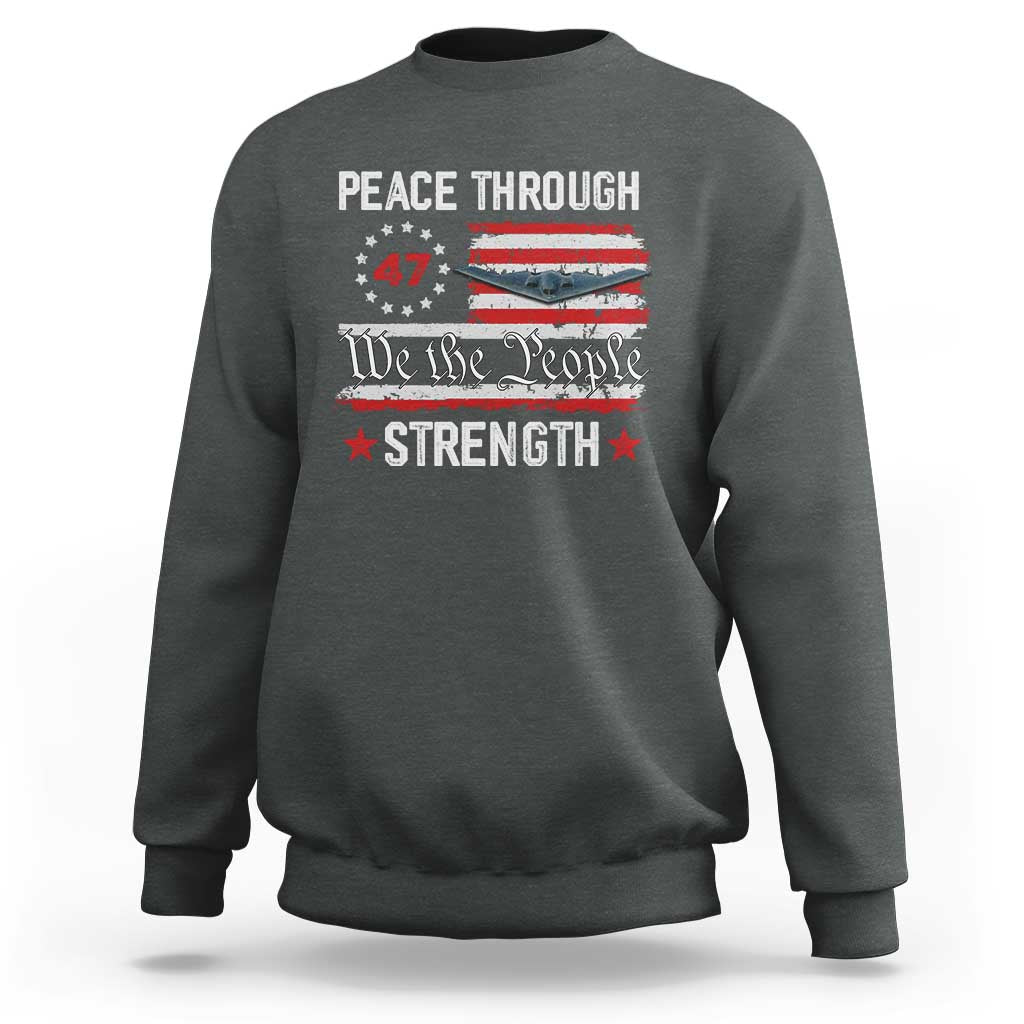 Peace Through Strength Sweatshirt Patriotic Midnight Hammer Jet American Flag - Wonder Print Shop