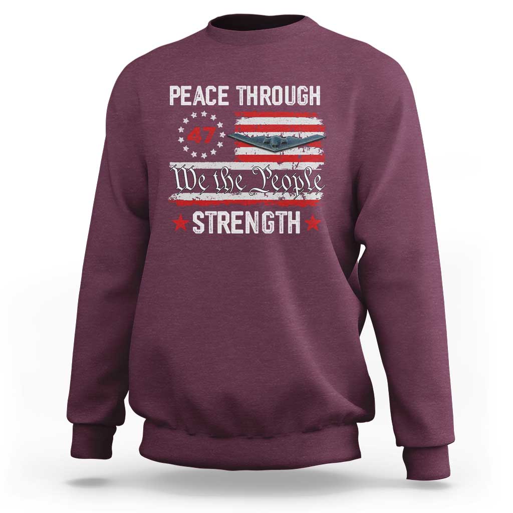 Peace Through Strength Sweatshirt Patriotic Midnight Hammer Jet American Flag - Wonder Print Shop