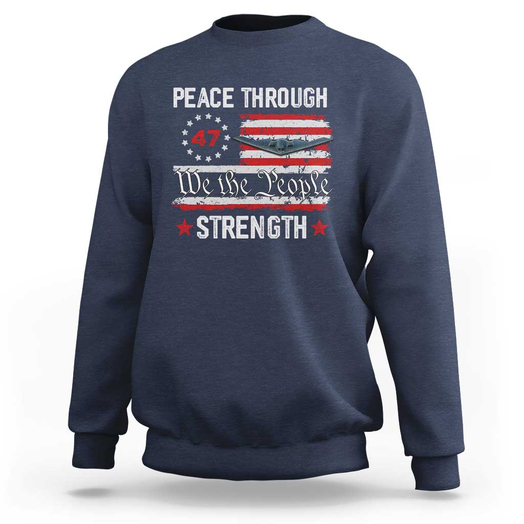 Peace Through Strength Sweatshirt Patriotic Midnight Hammer Jet American Flag - Wonder Print Shop