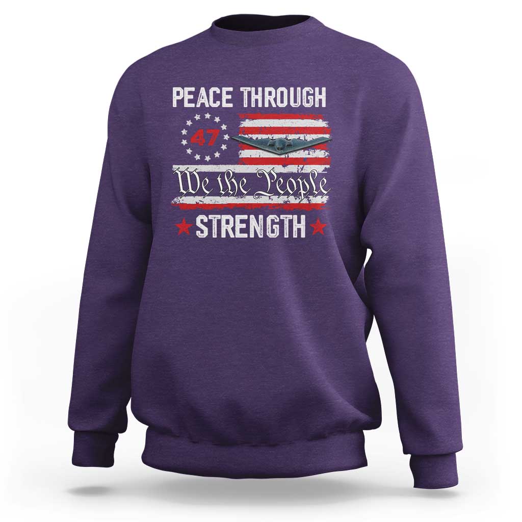 Peace Through Strength Sweatshirt Patriotic Midnight Hammer Jet American Flag - Wonder Print Shop