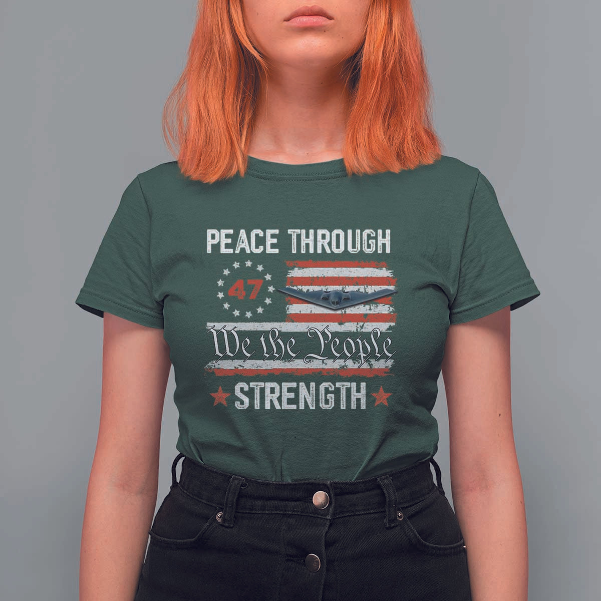 Peace Through Strength T Shirt For Women Patriotic Midnight Hammer Jet American Flag - Wonder Print Shop