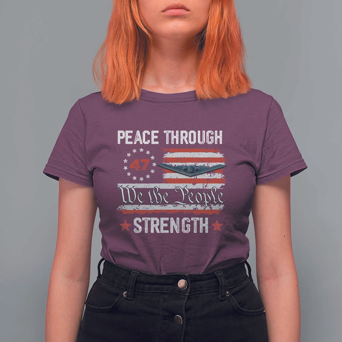Peace Through Strength T Shirt For Women Patriotic Midnight Hammer Jet American Flag - Wonder Print Shop