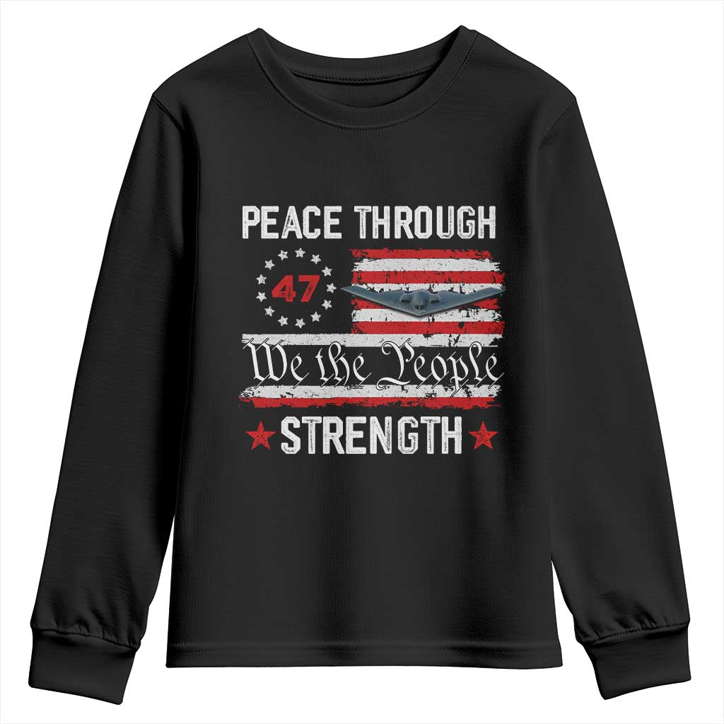 Peace Through Strength Youth Sweatshirt Patriotic Midnight Hammer Jet American Flag - Wonder Print Shop