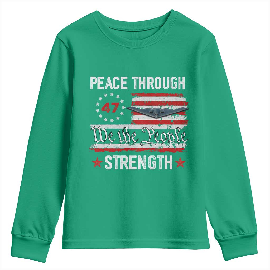 Peace Through Strength Youth Sweatshirt Patriotic Midnight Hammer Jet American Flag - Wonder Print Shop