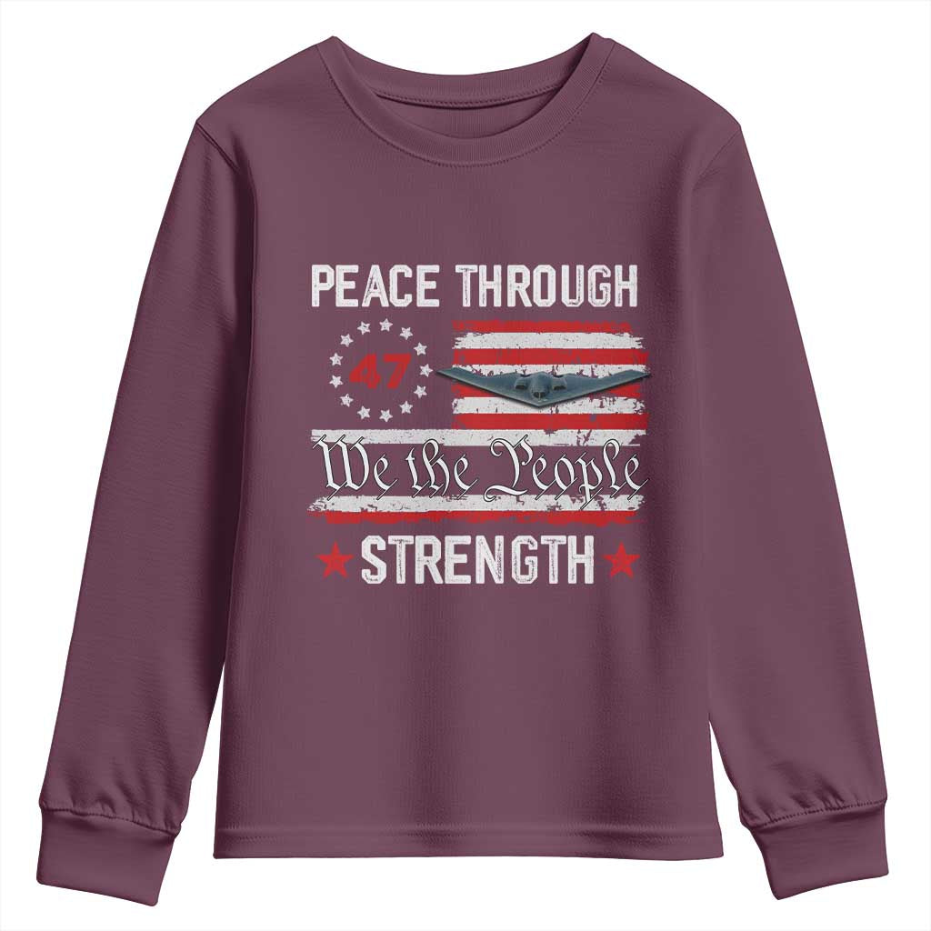 Peace Through Strength Youth Sweatshirt Patriotic Midnight Hammer Jet American Flag - Wonder Print Shop