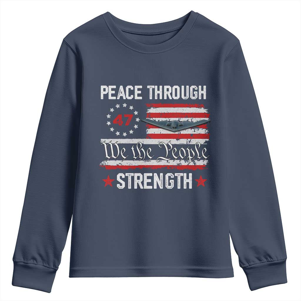 Peace Through Strength Youth Sweatshirt Patriotic Midnight Hammer Jet American Flag - Wonder Print Shop