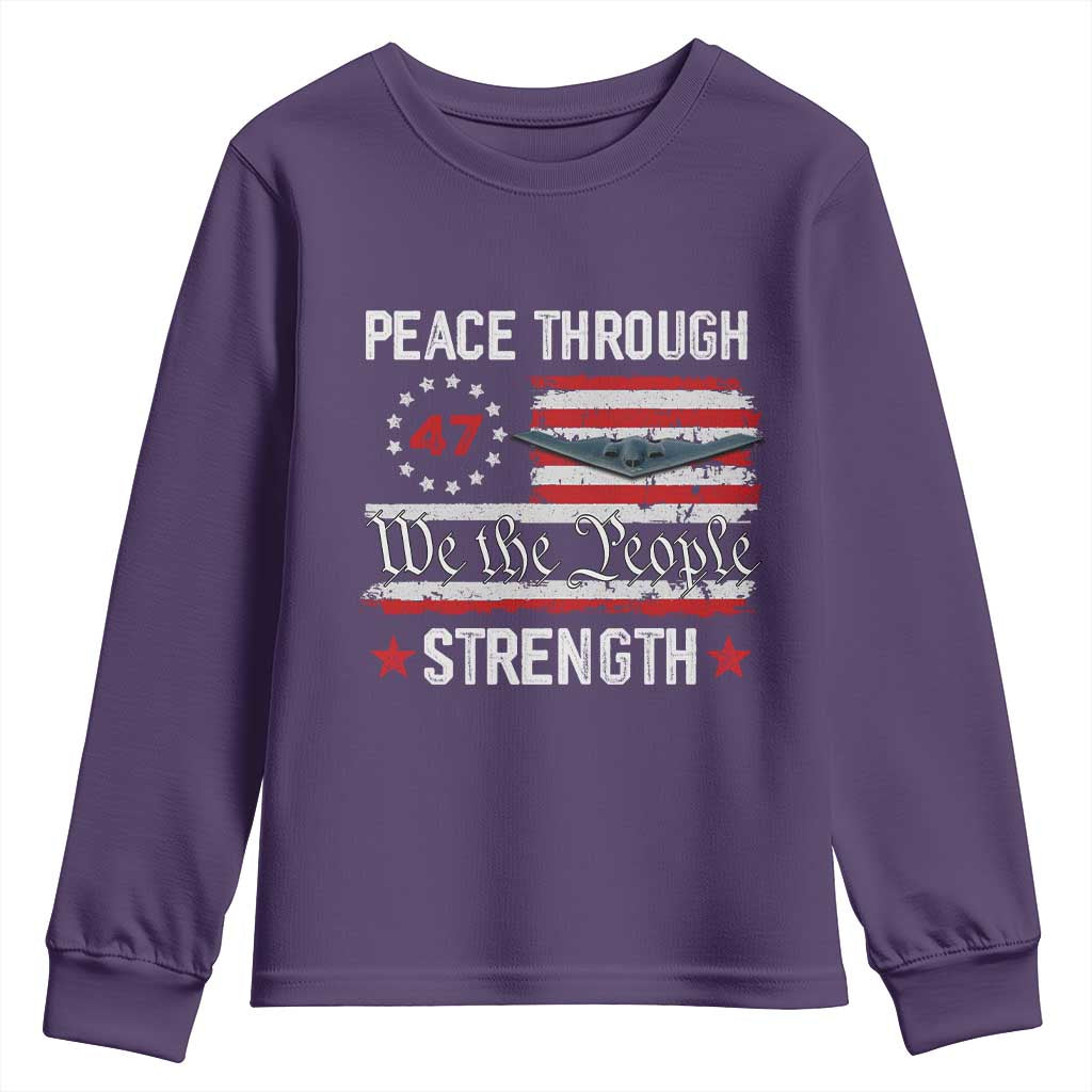Peace Through Strength Youth Sweatshirt Patriotic Midnight Hammer Jet American Flag - Wonder Print Shop