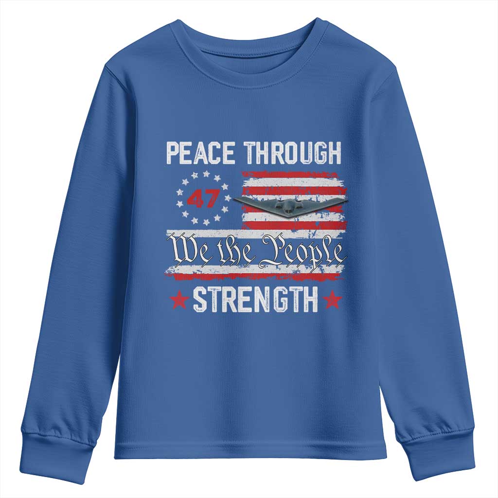 Peace Through Strength Youth Sweatshirt Patriotic Midnight Hammer Jet American Flag - Wonder Print Shop