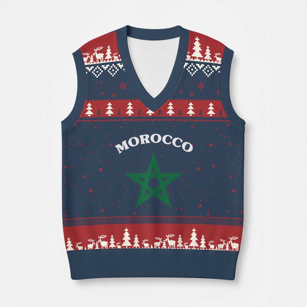 Morocco Pride Flag Star V-Neck Knit Sweater Vest Patriotic Moroccan Heritage Souvenir