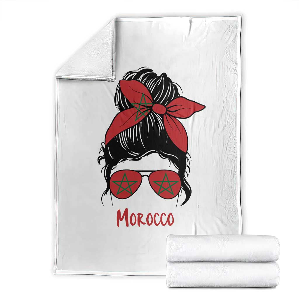 Morocco Girl Messy Bun with Flag Sunglasses Throw Blanket Proud Moroccan Woman Heritage