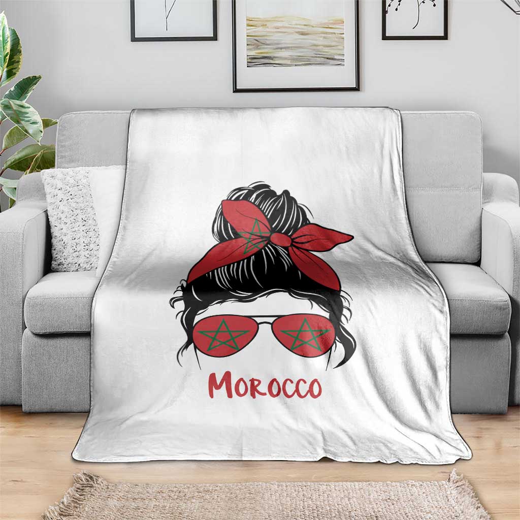Morocco Girl Messy Bun with Flag Sunglasses Throw Blanket Proud Moroccan Woman Heritage