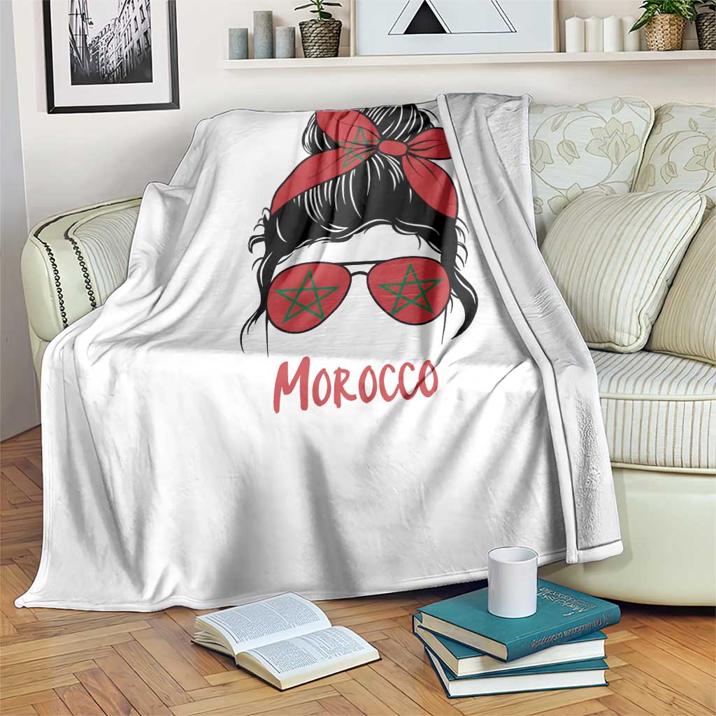 Morocco Girl Messy Bun with Flag Sunglasses Throw Blanket Proud Moroccan Woman Heritage