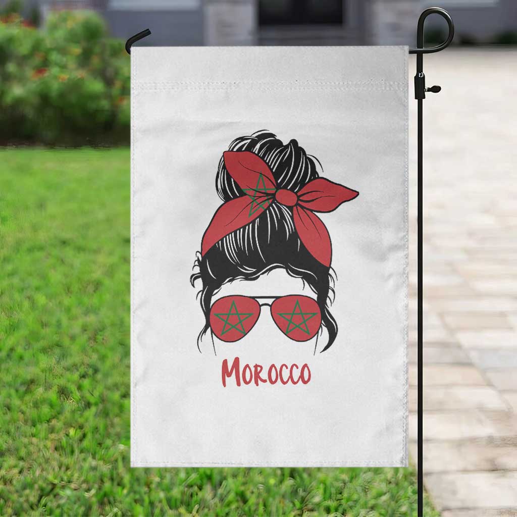 Morocco Girl Messy Bun with Flag Sunglasses Garden Flag Proud Moroccan Woman Heritage