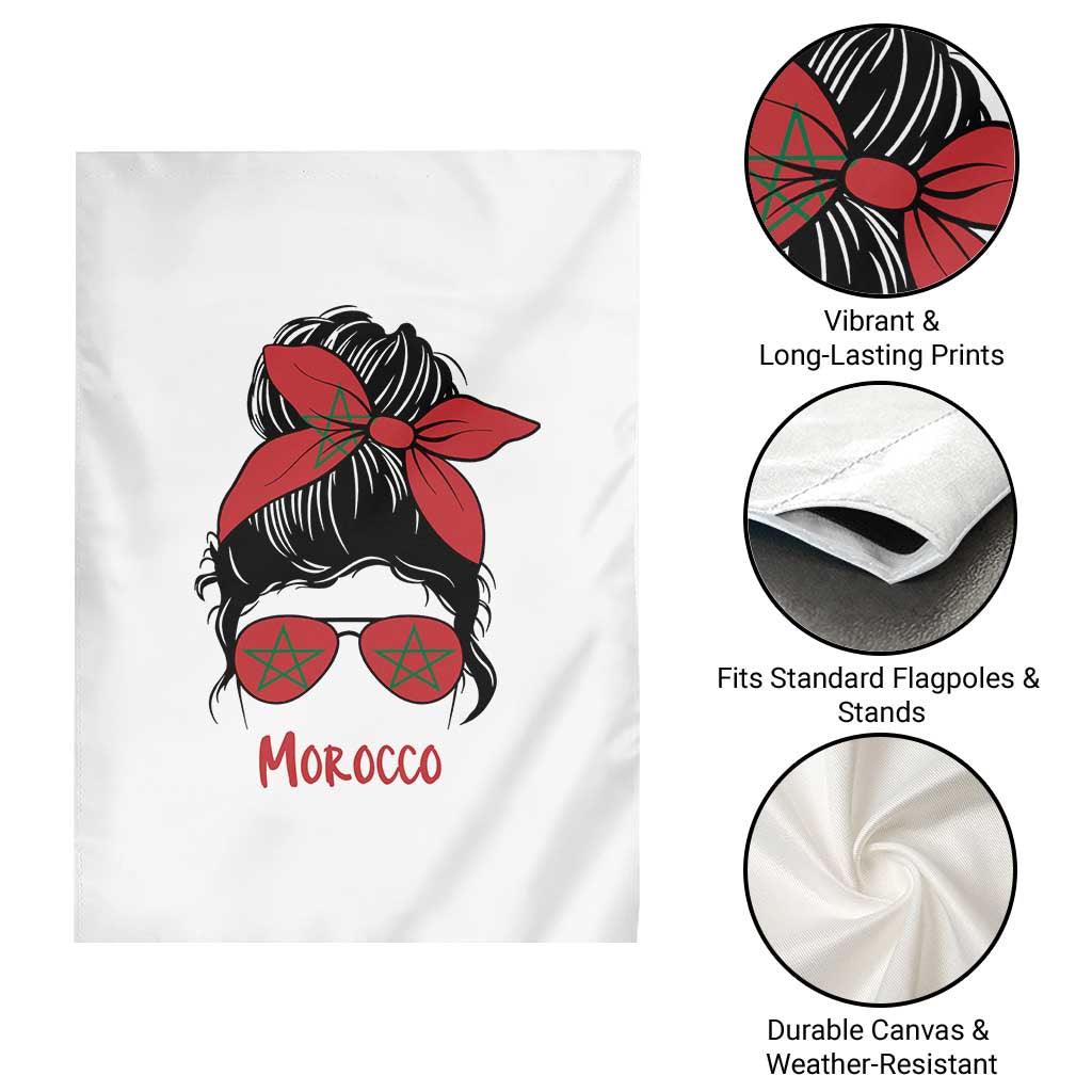 Morocco Girl Messy Bun with Flag Sunglasses Garden Flag Proud Moroccan Woman Heritage