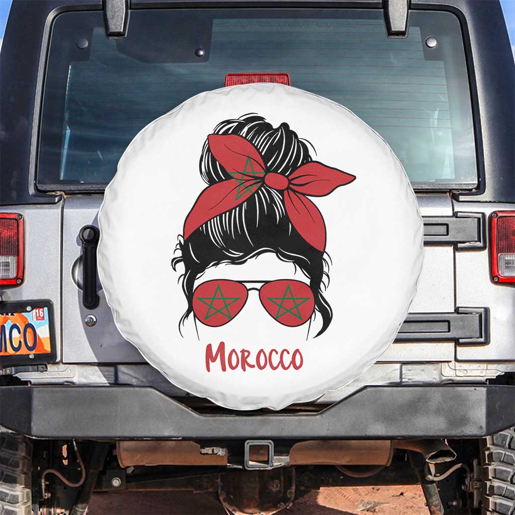 Morocco Girl Messy Bun with Flag Sunglasses Spare Tire Cover Proud Moroccan Woman Heritage
