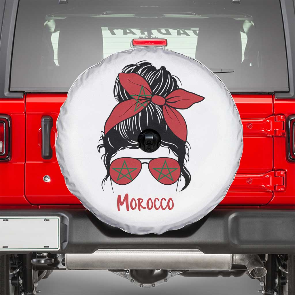 Morocco Girl Messy Bun with Flag Sunglasses Spare Tire Cover Proud Moroccan Woman Heritage