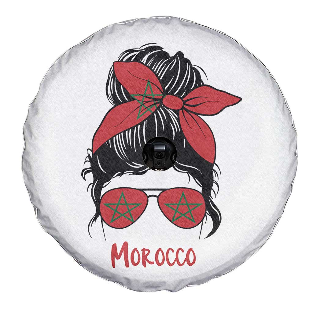 Morocco Girl Messy Bun with Flag Sunglasses Spare Tire Cover Proud Moroccan Woman Heritage
