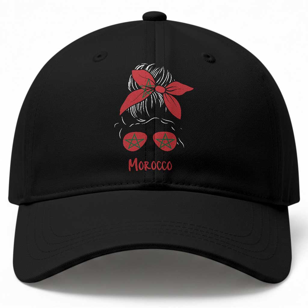 Morocco Girl Messy Bun with Flag Sunglasses Baseball Cap Proud Moroccan Woman Heritage