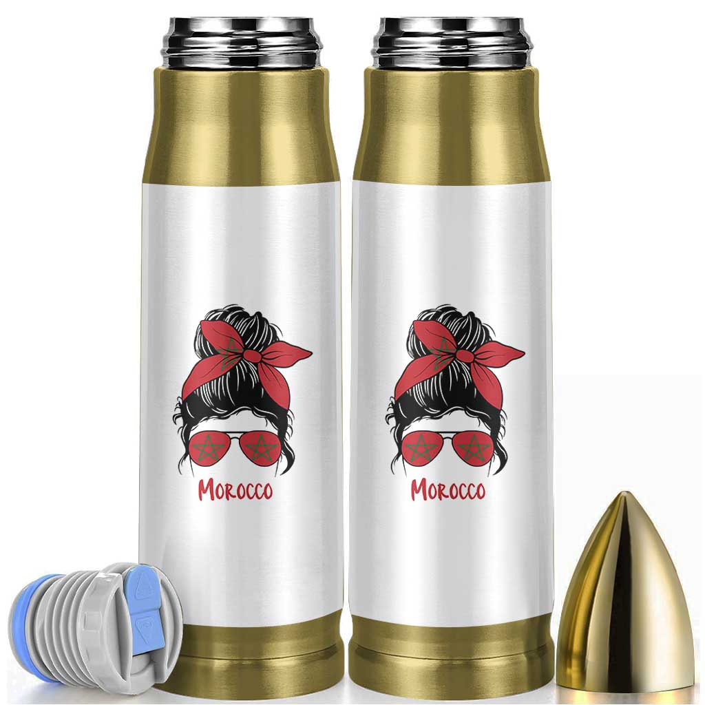 Morocco Girl Messy Bun with Flag Sunglasses Bullet Tumbler Proud Moroccan Woman Heritage