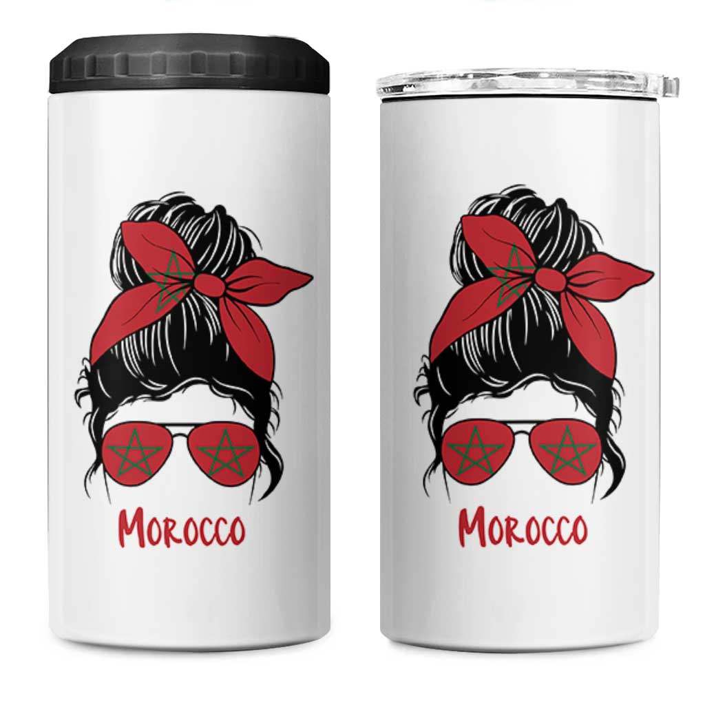 Morocco Girl Messy Bun with Flag Sunglasses 4 in 1 Can Cooler Tumbler Proud Moroccan Woman Heritage