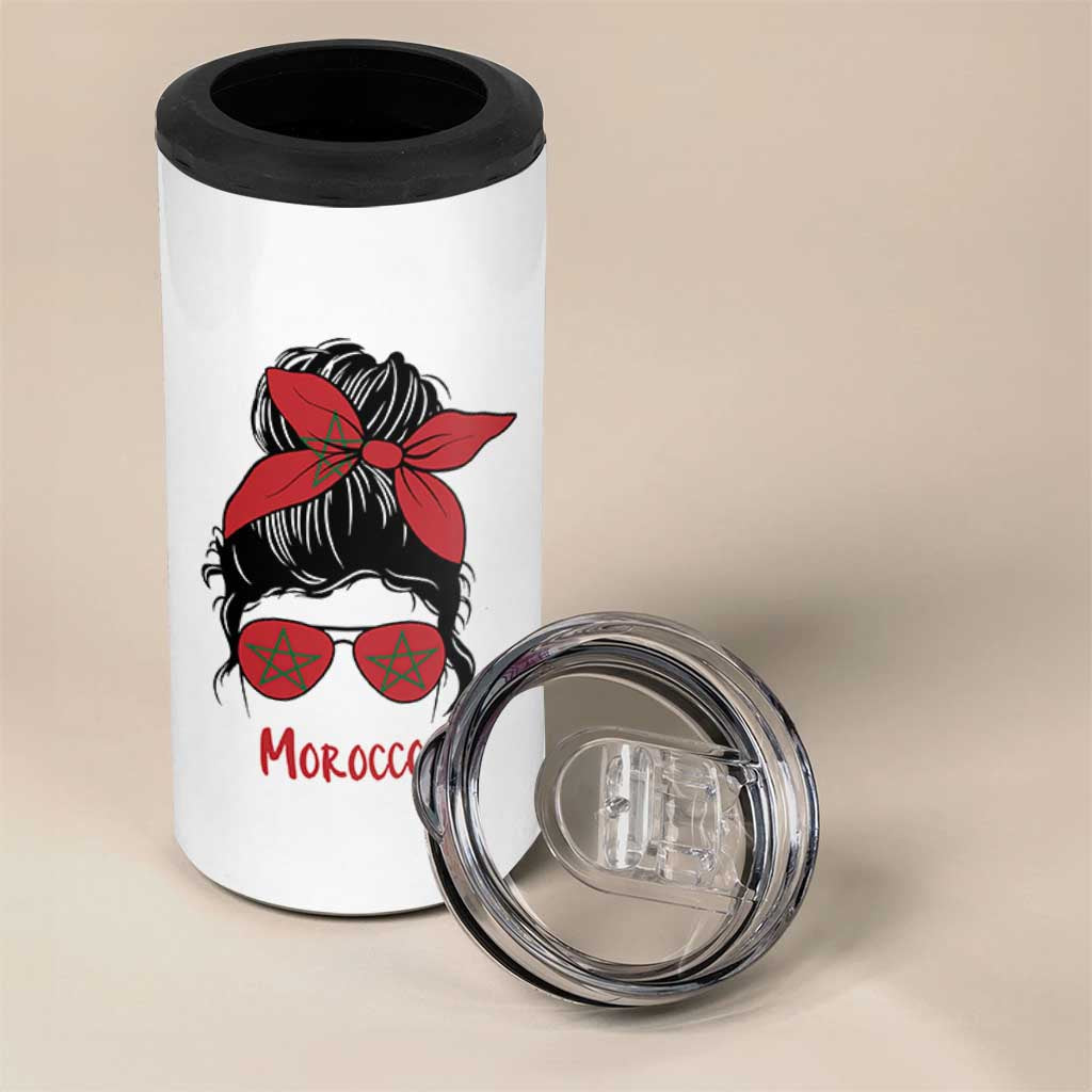 Morocco Girl Messy Bun with Flag Sunglasses 4 in 1 Can Cooler Tumbler Proud Moroccan Woman Heritage