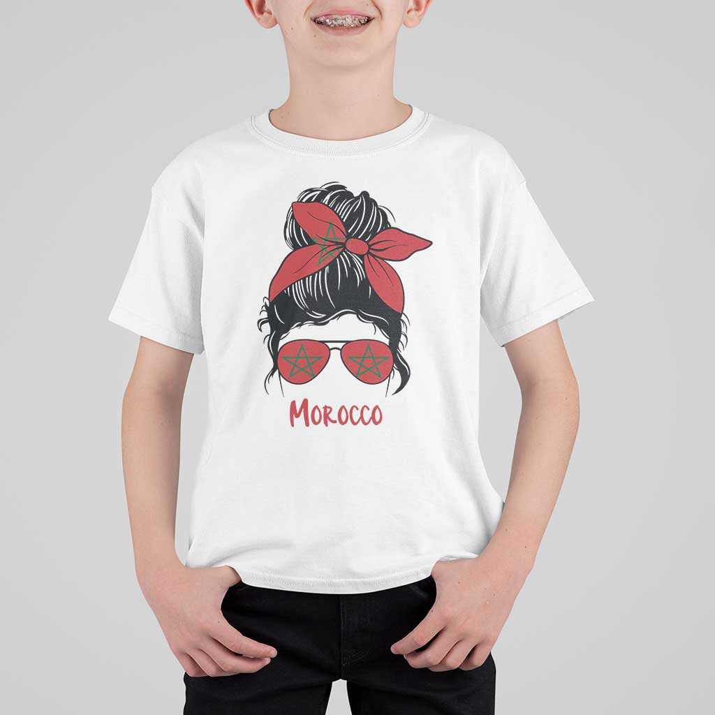Morocco Girl Messy Bun with Flag Sunglasses T Shirt For Kid Proud Moroccan Woman Heritage
