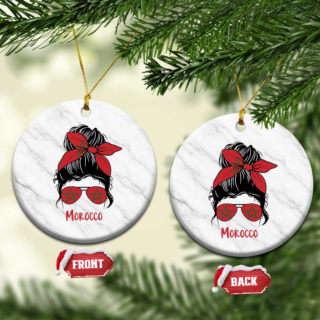 Morocco Girl Messy Bun with Flag Sunglasses Ceramic Ornament Proud Moroccan Woman Heritage