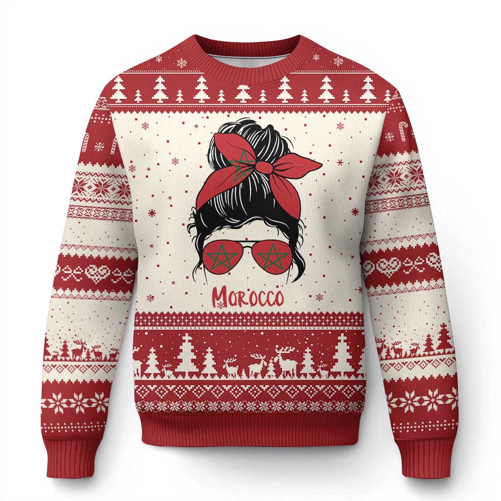 Morocco Girl Messy Bun with Flag Sunglasses Ugly Christmas Sweater Proud Moroccan Woman Heritage