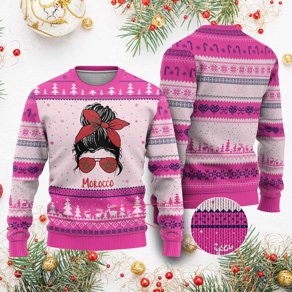 Morocco Girl Messy Bun with Flag Sunglasses Ugly Christmas Sweater Proud Moroccan Woman Heritage