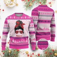 Morocco Girl Messy Bun with Flag Sunglasses Ugly Christmas Sweater Proud Moroccan Woman Heritage