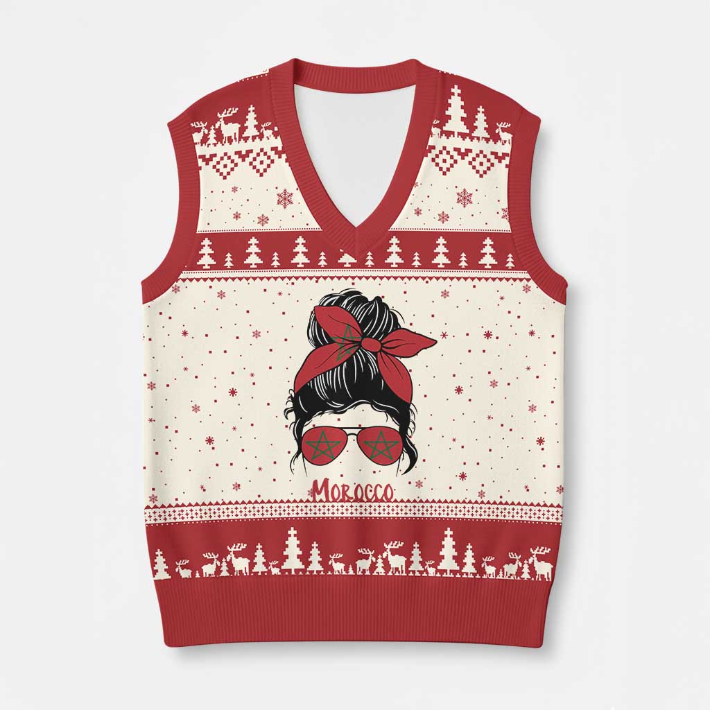 Morocco Girl Messy Bun with Flag Sunglasses V-Neck Knit Sweater Vest Proud Moroccan Woman Heritage
