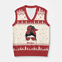 Morocco Girl Messy Bun with Flag Sunglasses V-Neck Knit Sweater Vest Proud Moroccan Woman Heritage
