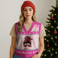 Morocco Girl Messy Bun with Flag Sunglasses V-Neck Knit Sweater Vest Proud Moroccan Woman Heritage