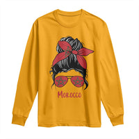Morocco Girl Messy Bun with Flag Sunglasses Long Sleeve Shirt Proud Moroccan Woman Heritage