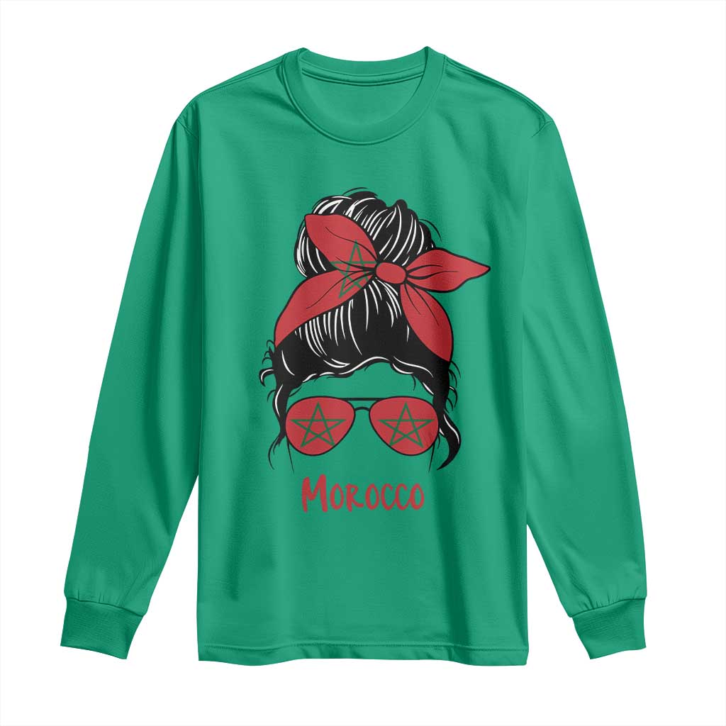 Morocco Girl Messy Bun with Flag Sunglasses Long Sleeve Shirt Proud Moroccan Woman Heritage