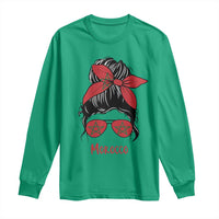 Morocco Girl Messy Bun with Flag Sunglasses Long Sleeve Shirt Proud Moroccan Woman Heritage