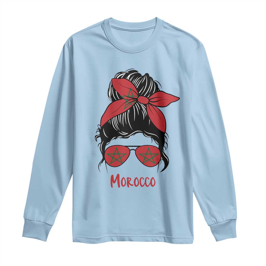 Morocco Girl Messy Bun with Flag Sunglasses Long Sleeve Shirt Proud Moroccan Woman Heritage
