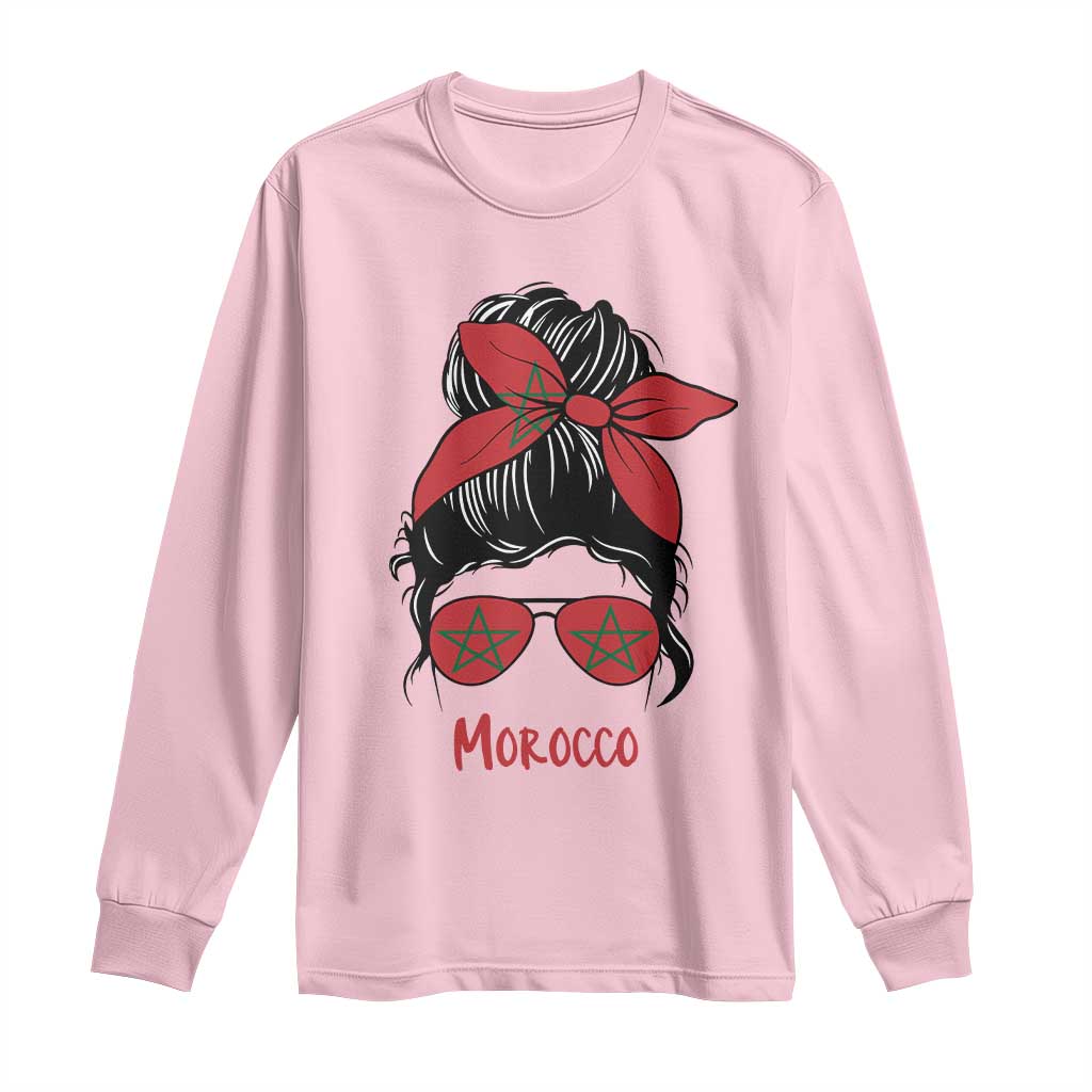 Morocco Girl Messy Bun with Flag Sunglasses Long Sleeve Shirt Proud Moroccan Woman Heritage