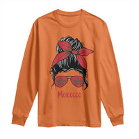 Morocco Girl Messy Bun with Flag Sunglasses Long Sleeve Shirt Proud Moroccan Woman Heritage