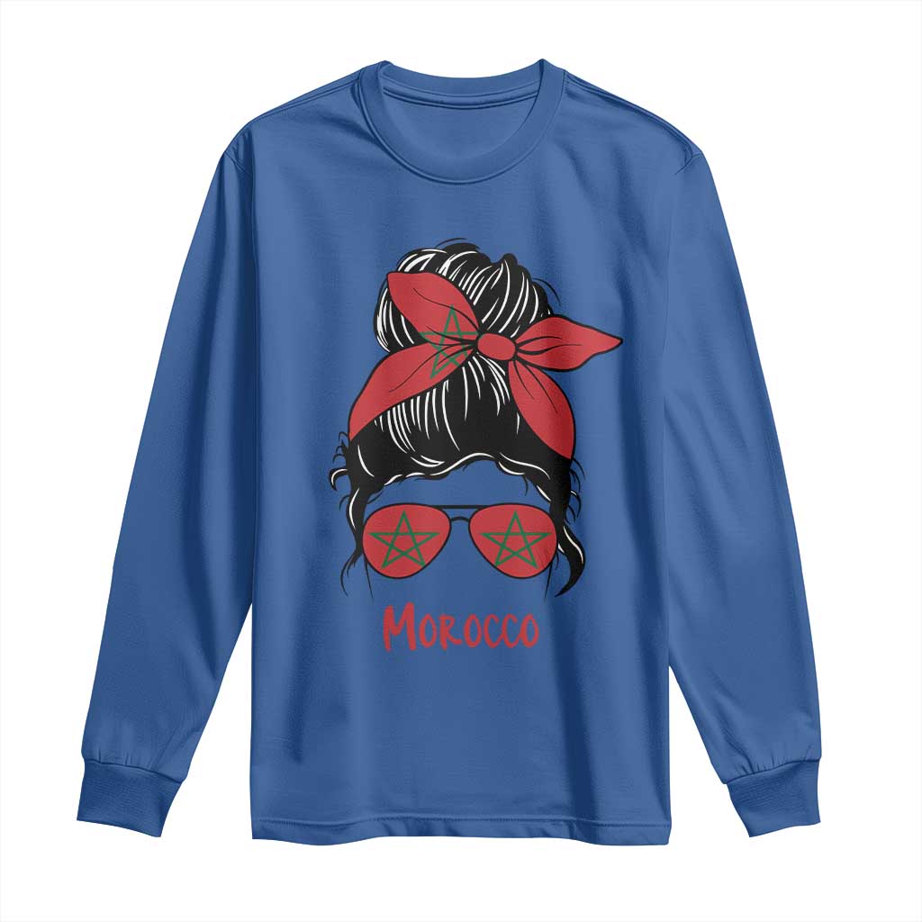 Morocco Girl Messy Bun with Flag Sunglasses Long Sleeve Shirt Proud Moroccan Woman Heritage