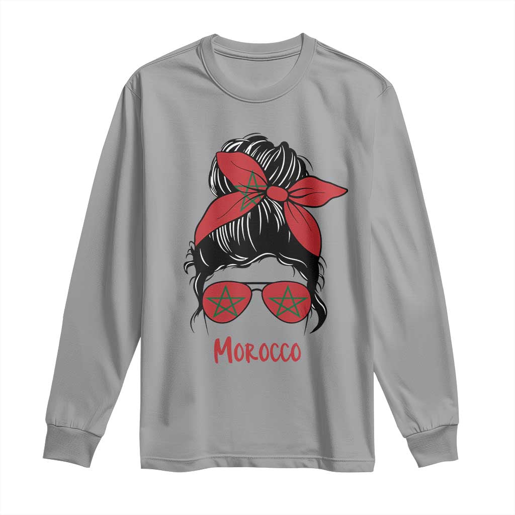 Morocco Girl Messy Bun with Flag Sunglasses Long Sleeve Shirt Proud Moroccan Woman Heritage